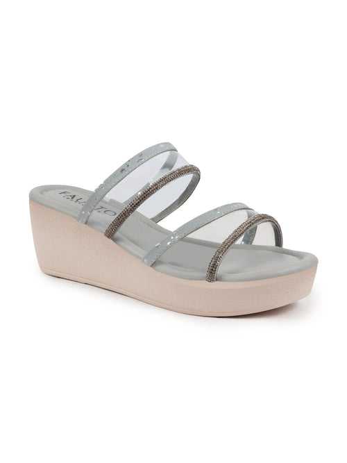 Women Grey Embellished Double Strap Slip On Wedge Sandal For Wedding|Party