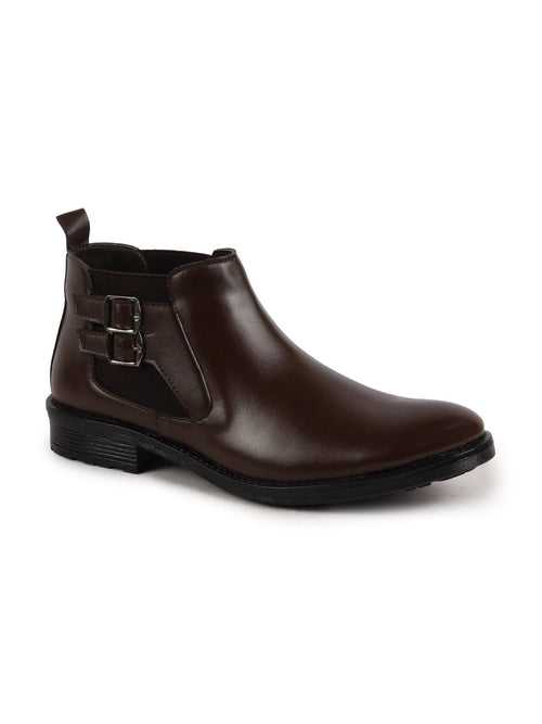 Men Brown Formal Slip On Mid Top Ankle Classic Buckle Monk Strap Chelsea Boots
