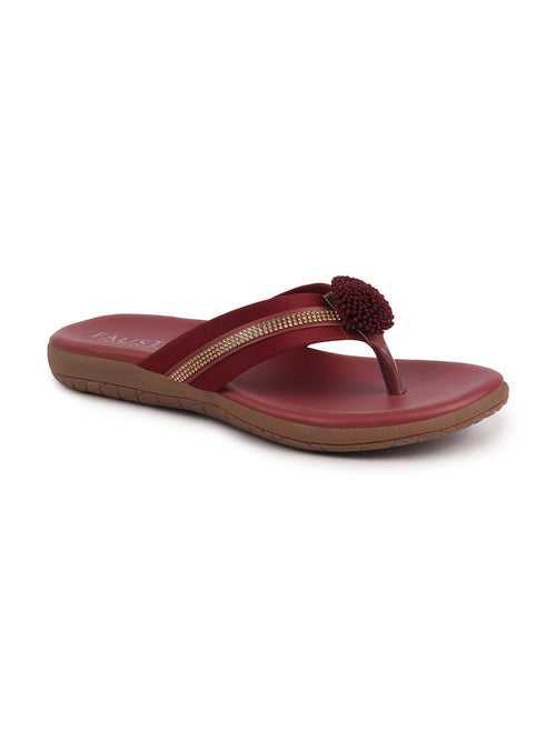 Women Cherry Shiny Beads T-Strap Slipper With Cushioned Footbed|Party|Office Wear|Weekend