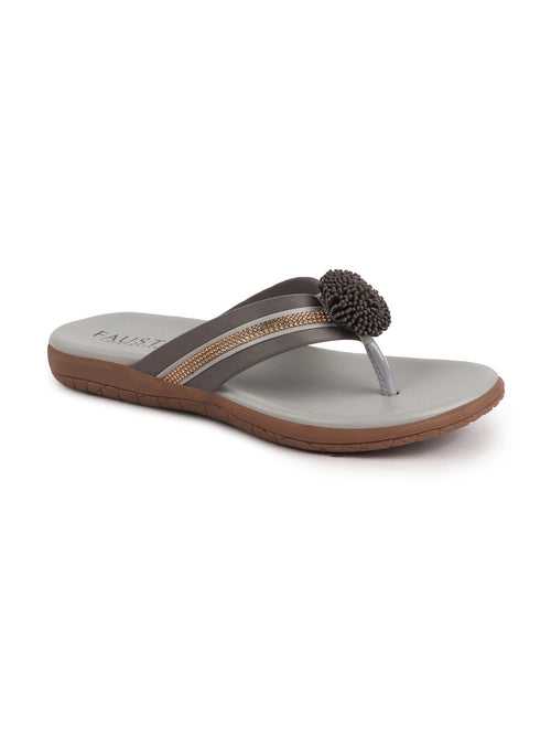 Women Grey Shiny Beads T-Strap Slipper With Cushioned Footbed|Party|Office Wear|Weekend