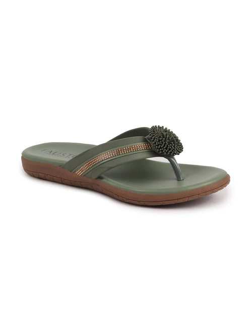 Women Olive Shiny Beads T-Strap Slipper With Cushioned Footbed|Party|Office Wear|Weekend