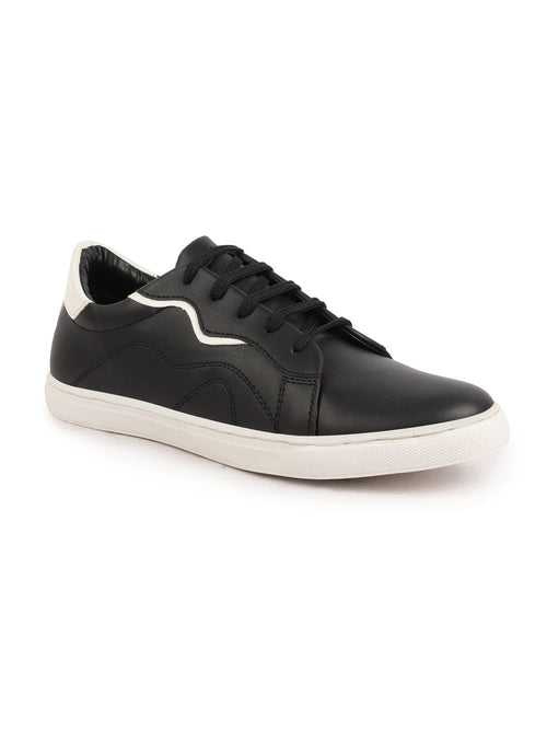 Men Black Classic Lace Up Elevated Look Sneaker Shoes with Contrast Sole|Low Ankle|Casual Shoe