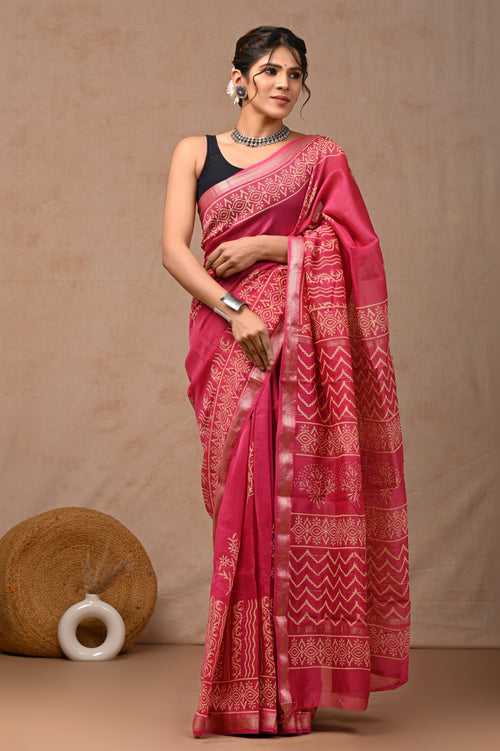 Crafts Moda Exclusive Block Printed Maheshwari Silk Saree