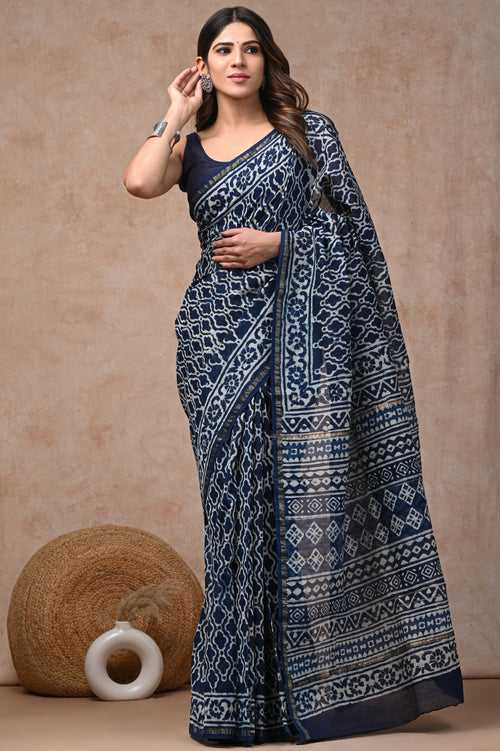 Block Printed Chanderi Silk Saree With Blouse