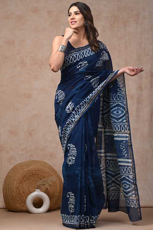 Block Printed Chanderi Silk Saree With Blouse