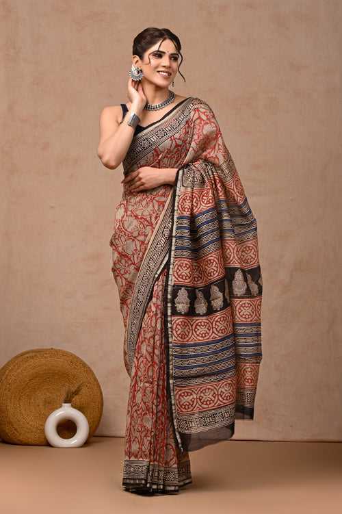 Block Printed Chanderi Silk Saree With Blouse