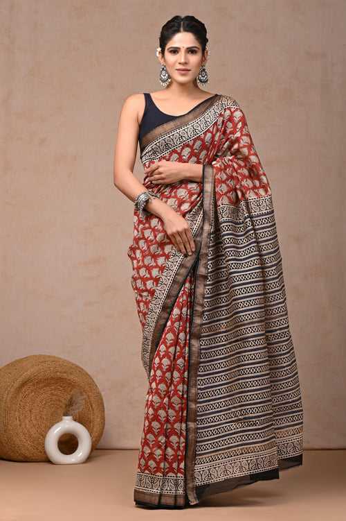 Crafts Moda Exclusive Block Printed Maheshwari Silk Saree