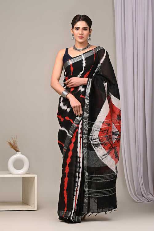 Block Printed Linen Saree With Unstitched Blouse