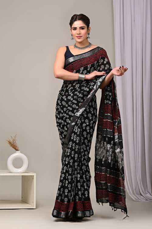 Block Printed Linen Saree With Unstitched Blouse