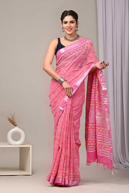 Block Printed Linen Saree With Unstitched Blouse