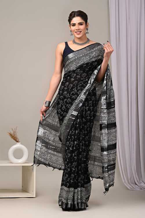 Block Printed Linen Saree With Unstitched Blouse
