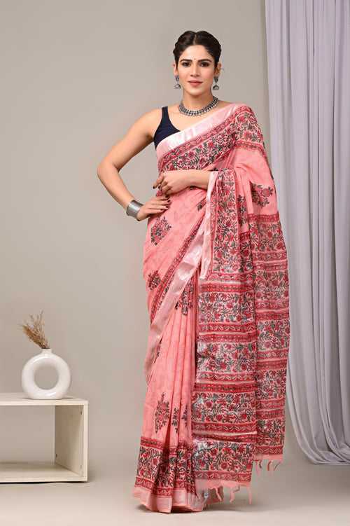 Block Printed Linen Saree With Unstitched Blouse