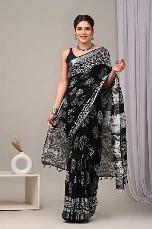 Block Printed Linen Saree With Unstitched Blouse