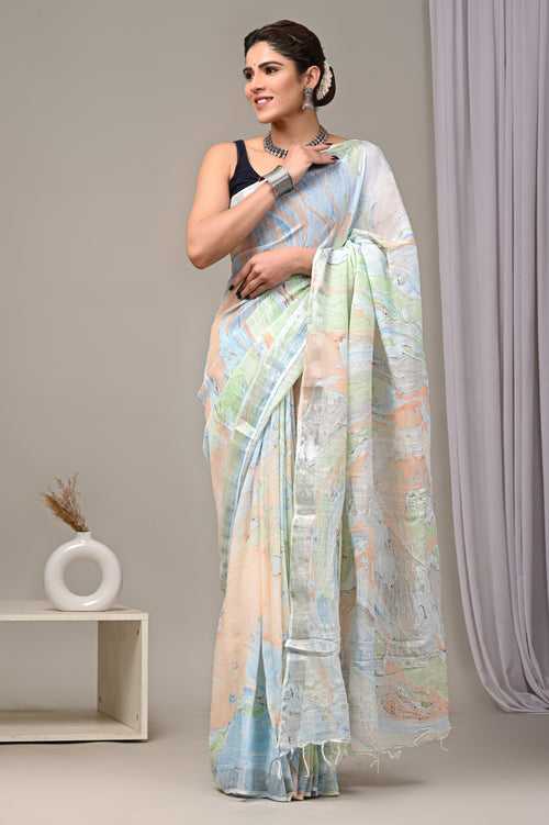 Marble Print Linen Saree With Unstitched Blouse