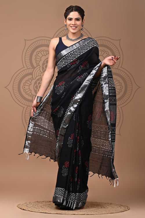 Black & White Block Printed Cotton Linen Saree With Unstitched Blouse