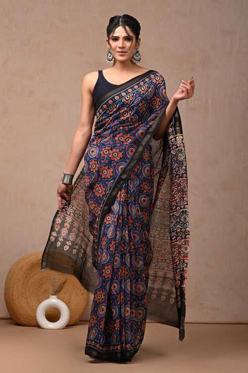 Block Printed Chanderi Silk Saree With Blouse