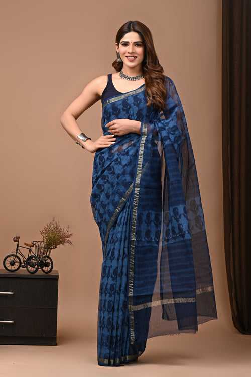 Crafts Moda Exclusive Block Printed Kota Doria Saree With Blouse