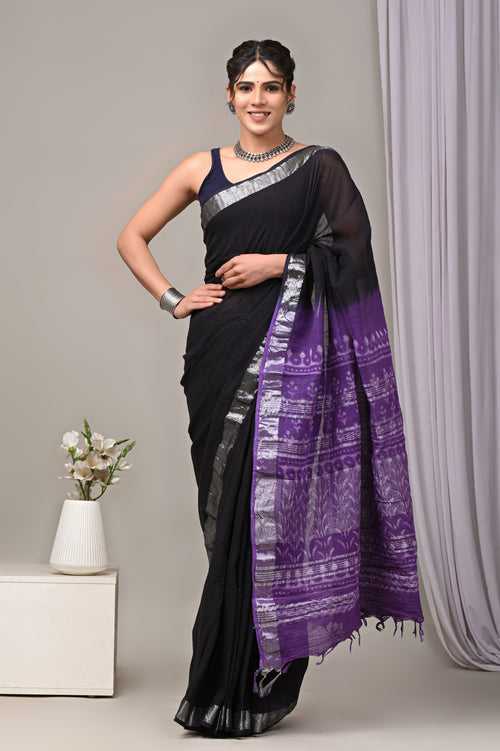 Hand Block Printed Linen Saree With Unstitched Blouse