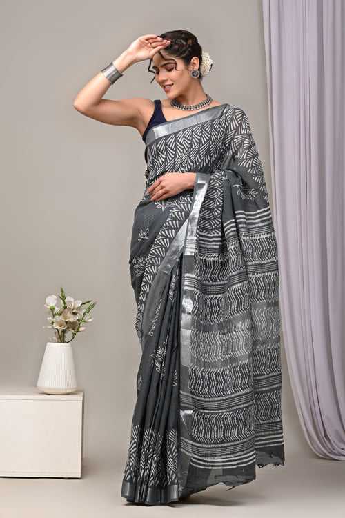 Hand Block Printed Linen Saree With Unstitched Blouse