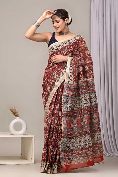 Hand Block Printed Linen Saree With Unstitched Blouse