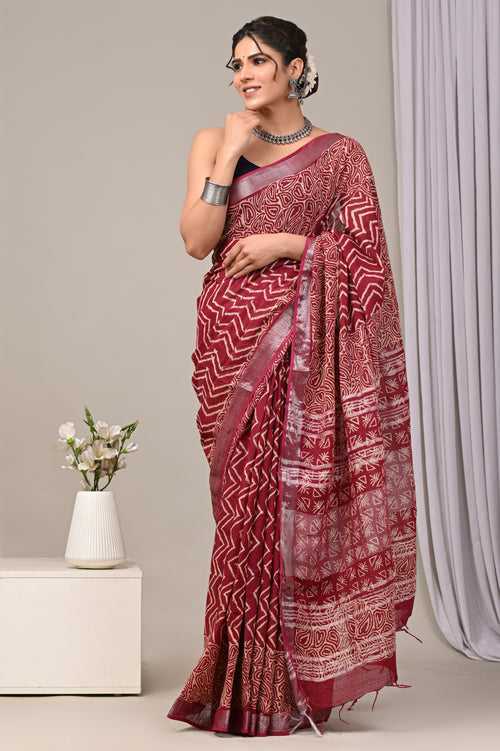 Hand Block Printed Linen Saree With Unstitched Blouse