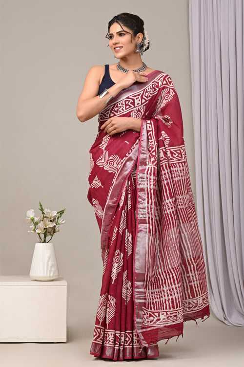 Hand Block Printed Linen Saree With Unstitched Blouse