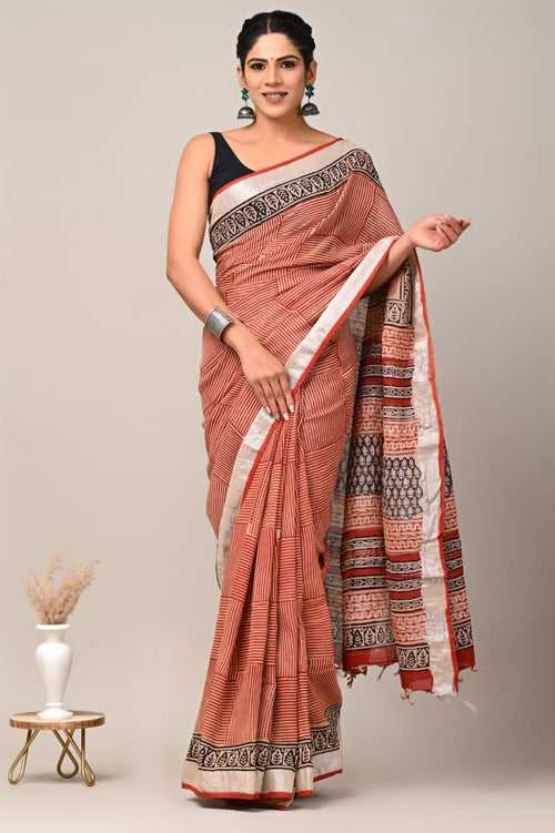 Hand Block Printed Linen Saree With Unstitched Blouse