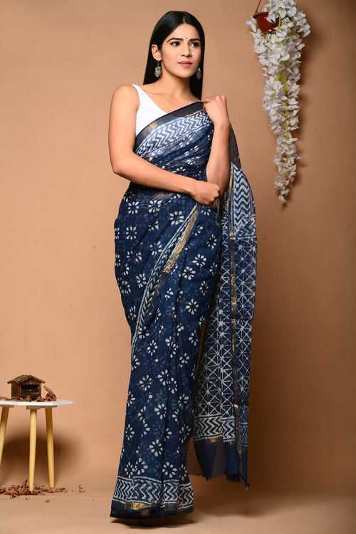 Floral Hand Block Printed Kota Doria Saree