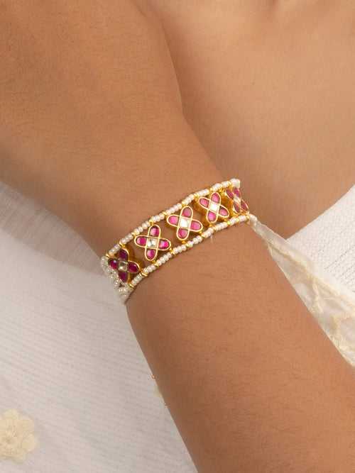 MHP111YP - Pink Color Gold Plated Jadau Kundan Bracelet