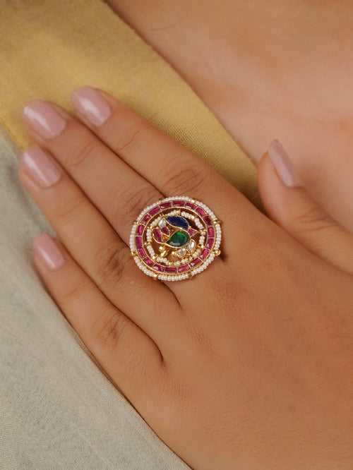 MRNG145M - Multicolor Gold Plated Jadau Kundan Ring