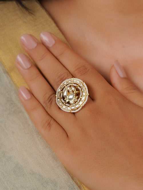 MRNG145Y - White Color Gold Plated Jadau Kundan Ring