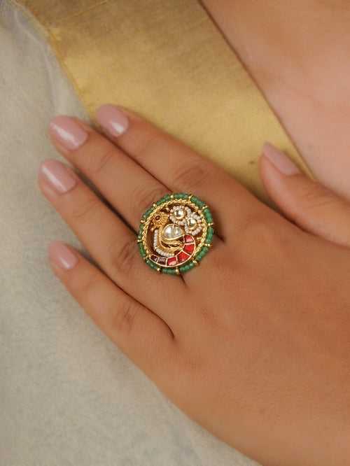 MRNG168YP - Pink Color Gold Plated Jadau Kundan Ring