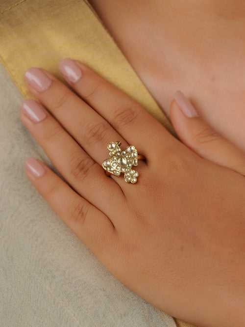 MRNG169Y - White Color Gold Plated Jadau Kundan Ring
