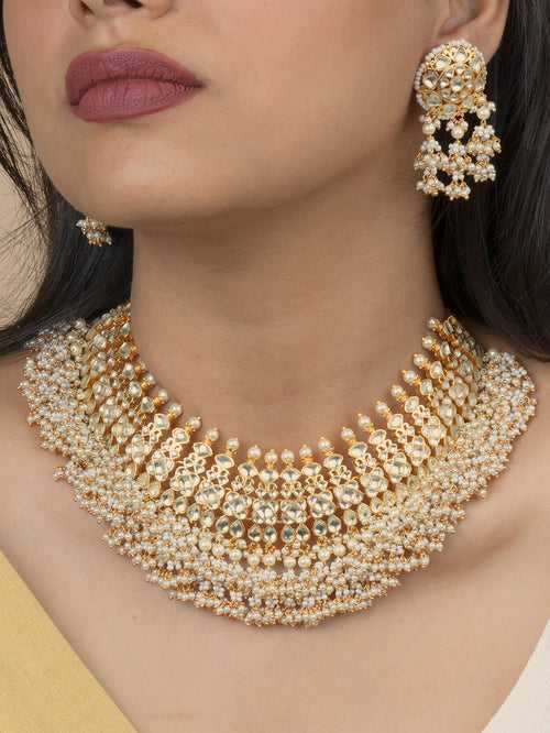 MS1880Y - White Color Gold Plated Jadau Kundan Necklace Set