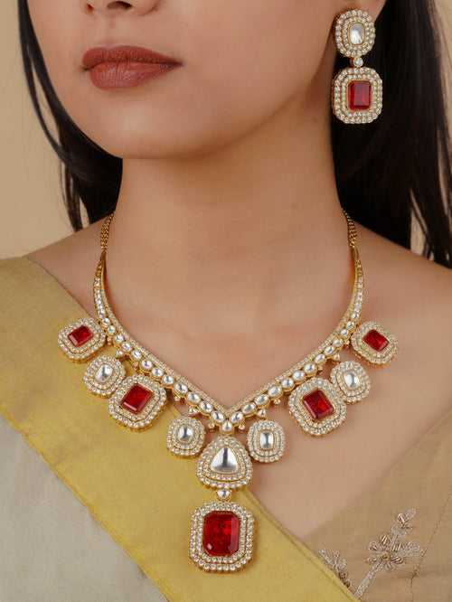 PK-S45R - Red Color Gold Plated Faux Polki Necklace Set