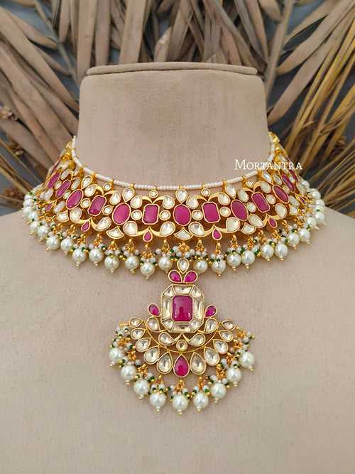 MS1725YP - Pink Color Gold Plated Jadau Kundan Bridal Necklace Set