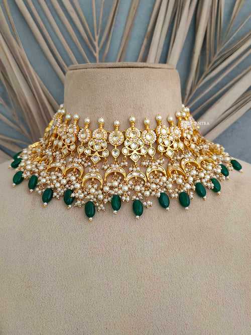 MS1768YA - Green Color Gold Plated Jadau Kundan Necklace Set