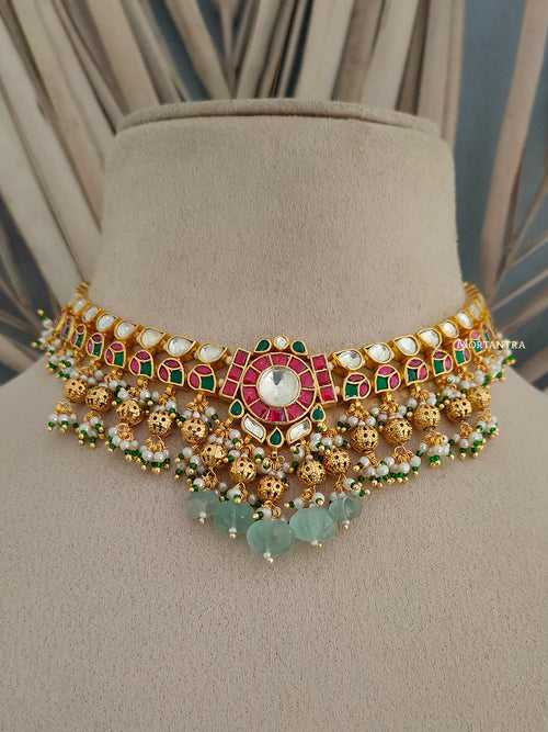MS1859M - Multicolor Gold Plated Jadau Kundan Necklace Set