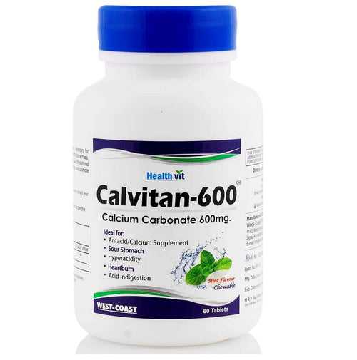 Healthvit Calvitan-600 Calcium Carbonate 400mg | Strengthens Bones & Teeth | Boosts Immunity | 100% RDA | Multivitamin for men and women- 60 Tablets