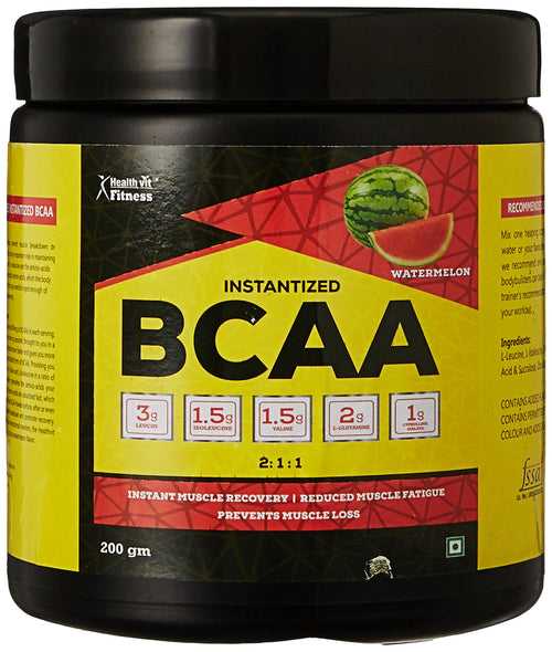 Healthvit Fitness BCAA Supplement for Workout | L-Leucine, L-Isoleucine and L-Valine in the ratio of 2: 1: 1 with L-Glutamine & L-Citrulline Malate – 200g Watermelon Flavor