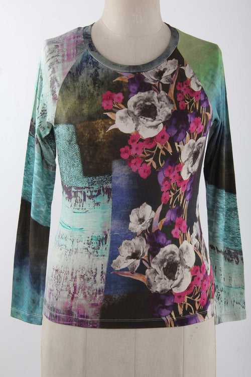 TURQUOISE FLORAL SILK SWEATER