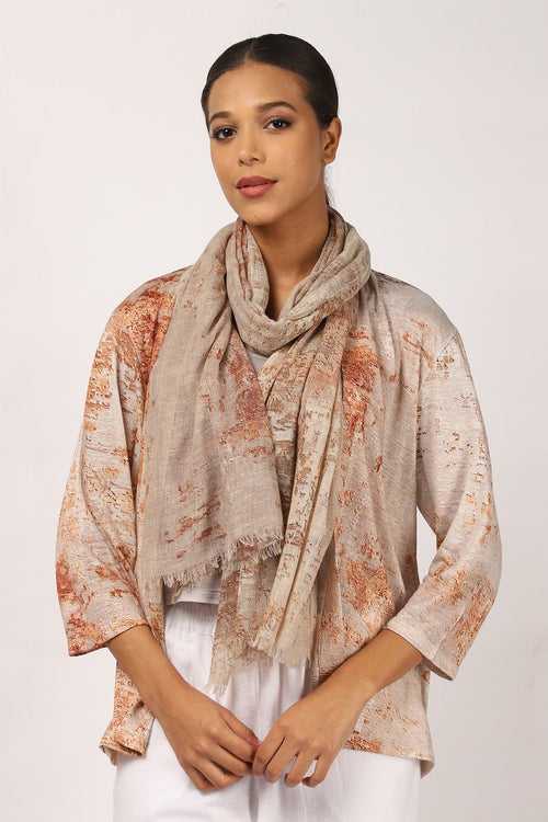 Beige Abstract Silk Linen Matching Set