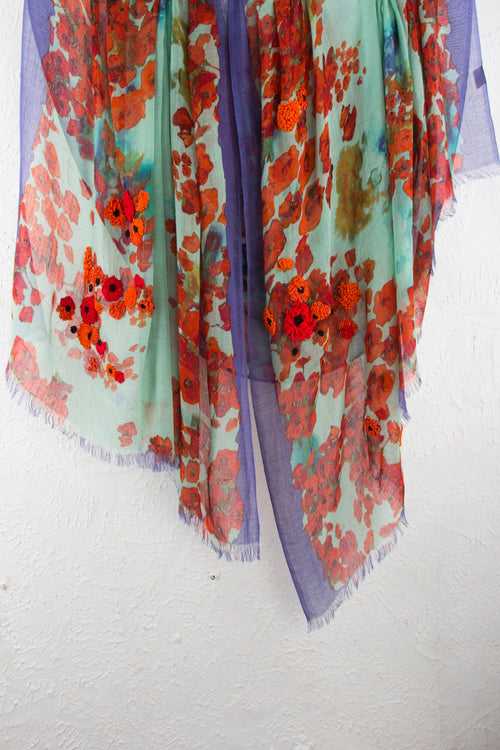 TURQUOISE FLORAL SILK CASHMERE SCARF