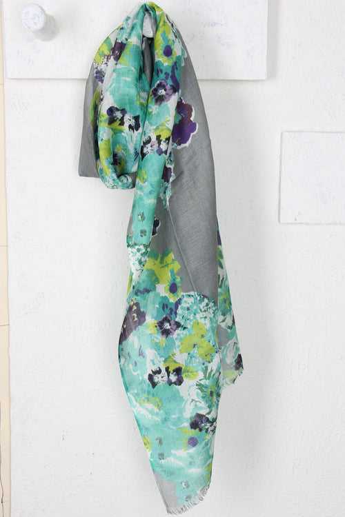 TURQUOISE FLORAL SILK LINEN SCARF