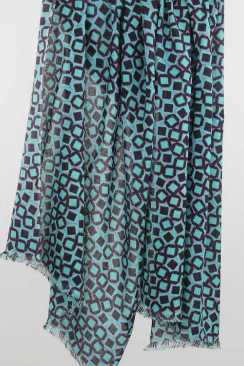 TURQUOISE & BLACK CONTEMPORARY SILK WOOL CASHMERE SCARF