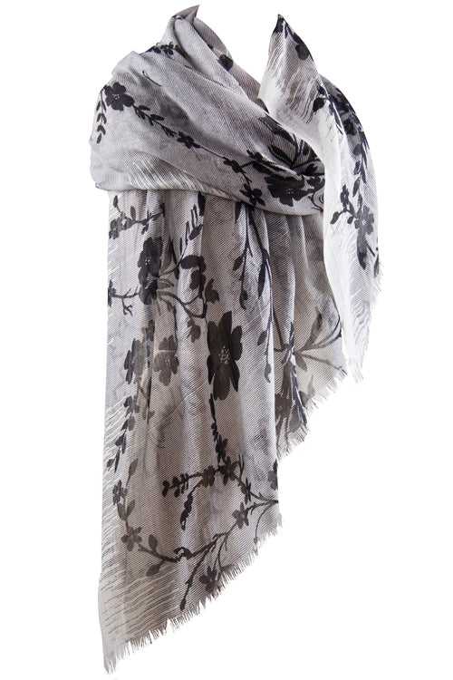 WHITE FLORAL SILK CASHMERE SCARF