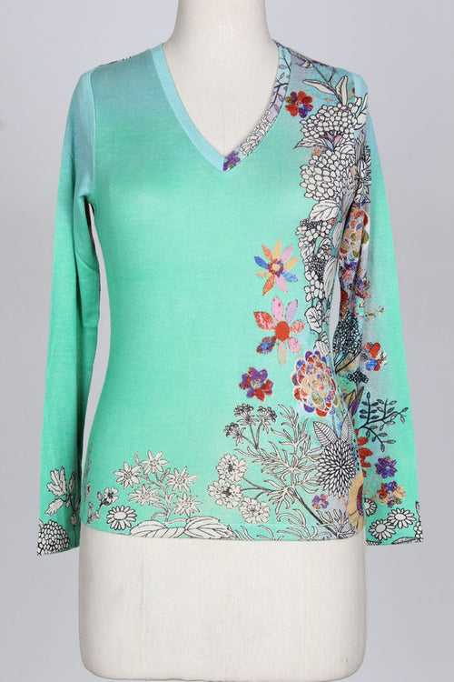 TURQUOISE FLORAL CASHMERE SILK SWEATER