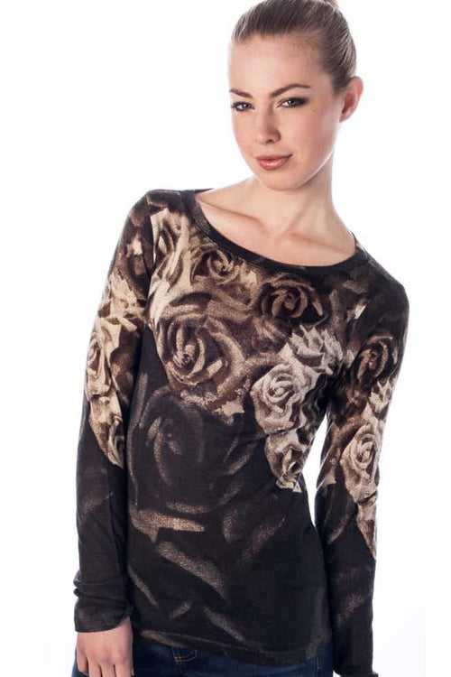 BROWN FLORAL CASHMERE SILK SWEATER