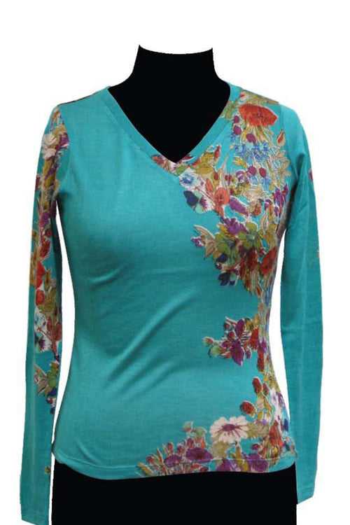 TURQUOISE FLORAL SILK WOOL CASHMERE SWEATER