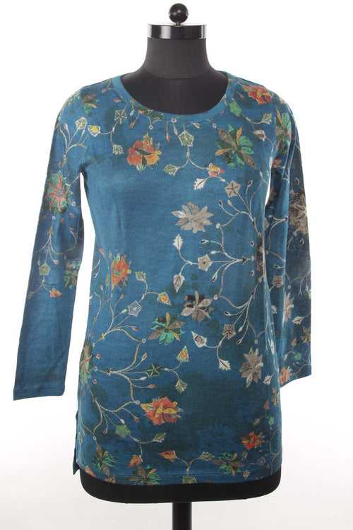 TEAL FLORAL SILK WOOL CASHMERE SWEATER